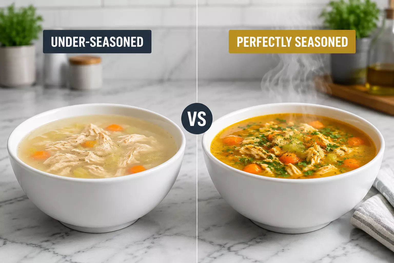 Under seasoned vs perfect soup comparison