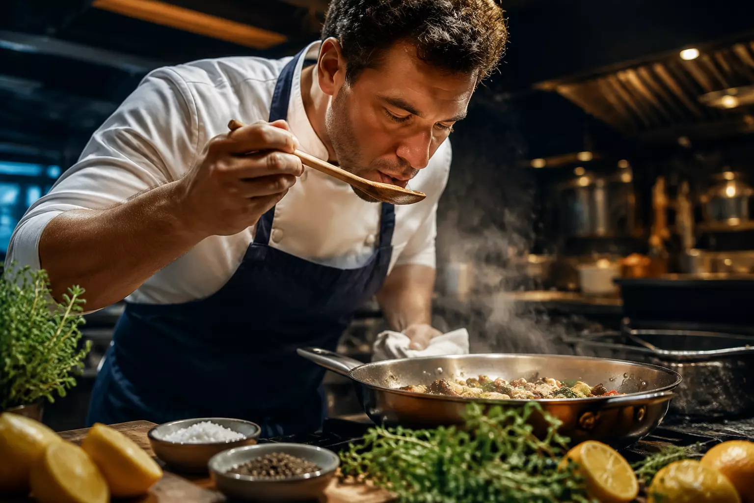 Chef tasting seasoning skillet documentary style