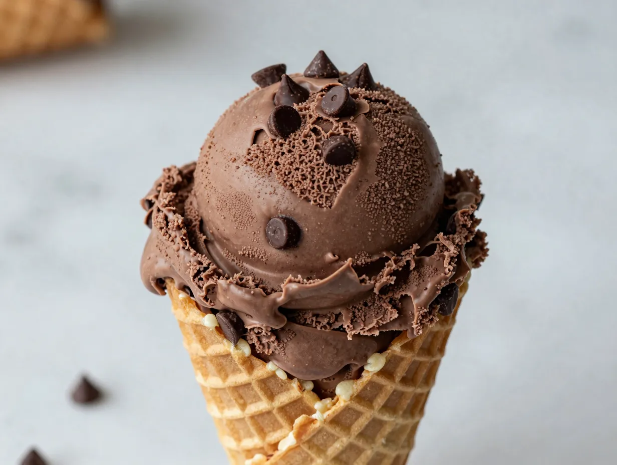 Chocolate chocolate chip ice cream cones