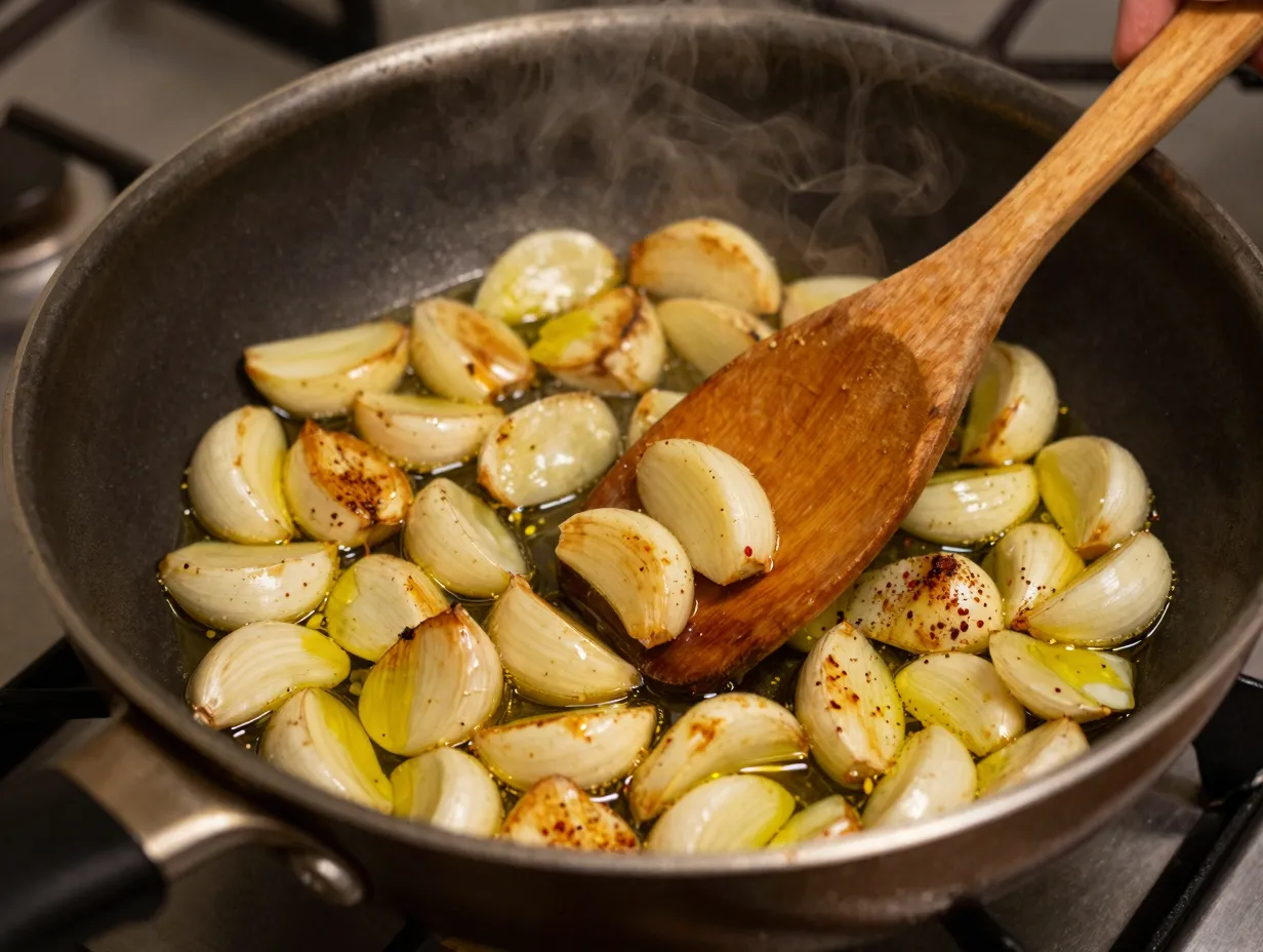 Garlic toasting in oil for spaghetti with red pepper flakes