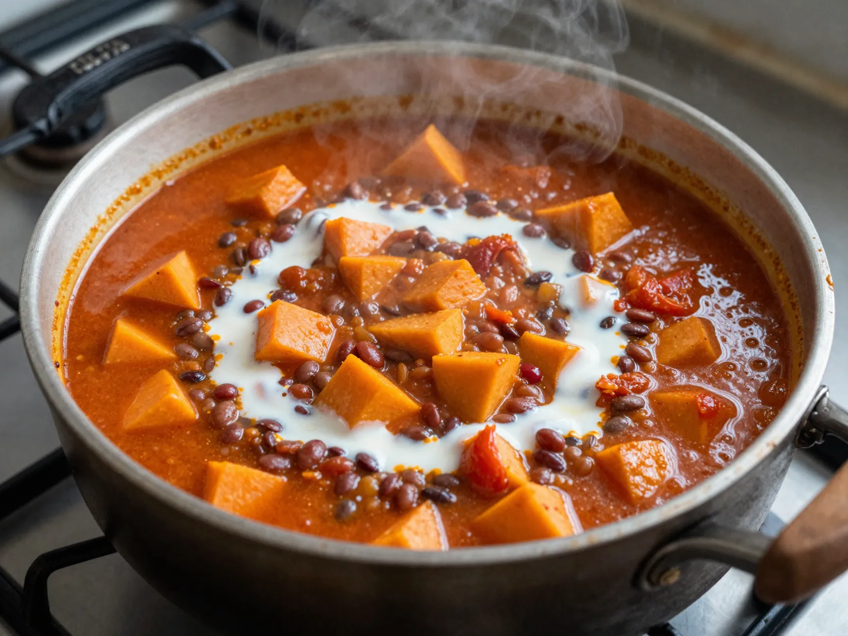 Vibrant red lentil and butternut squash dhal in a pot