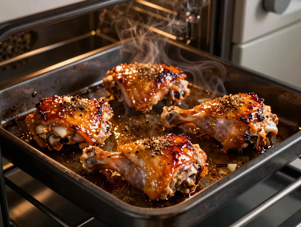Sticky glazed chicken roasting on a baking tray