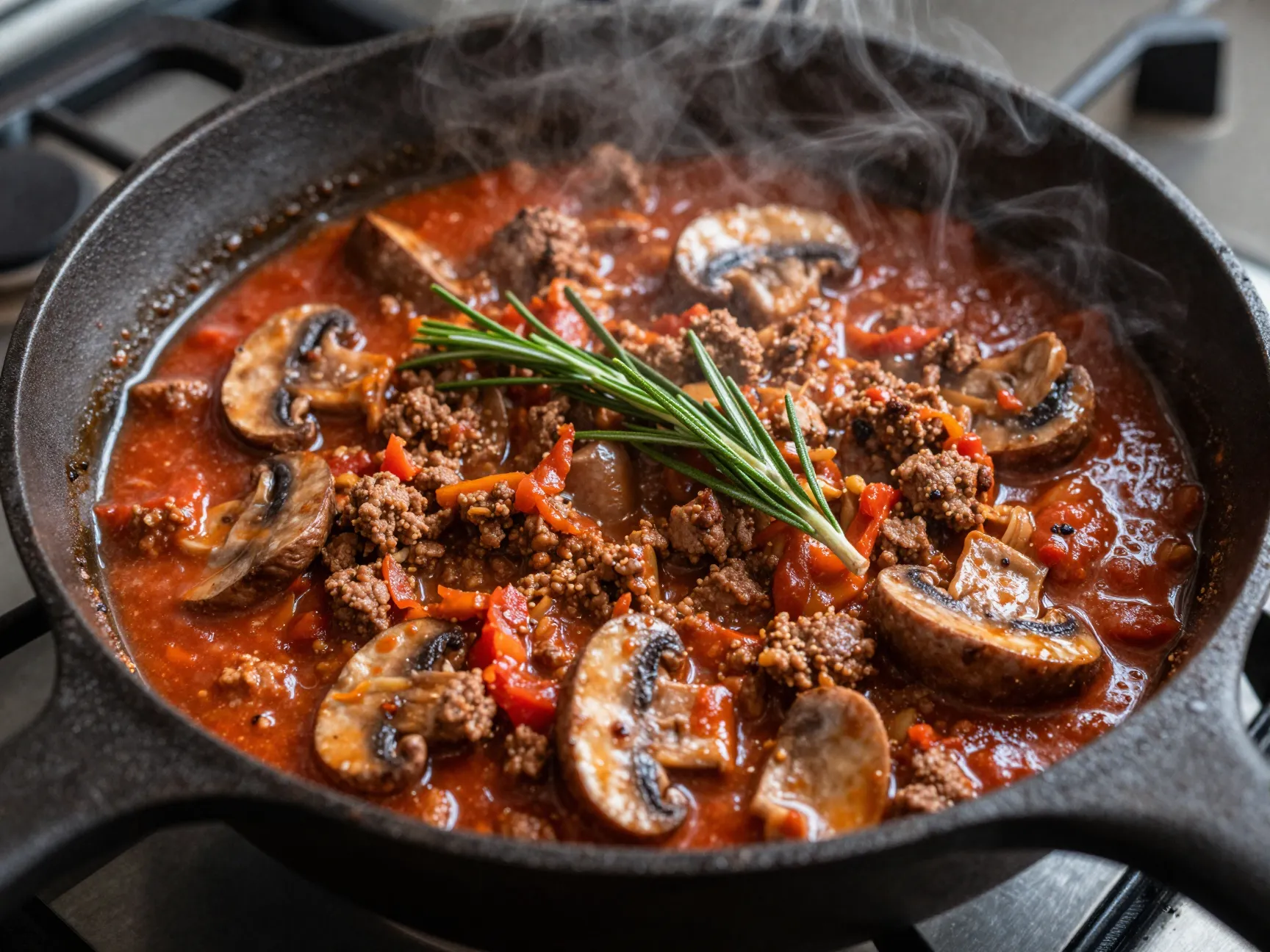 Rich sausage and mushroom ragu simmering in a pan