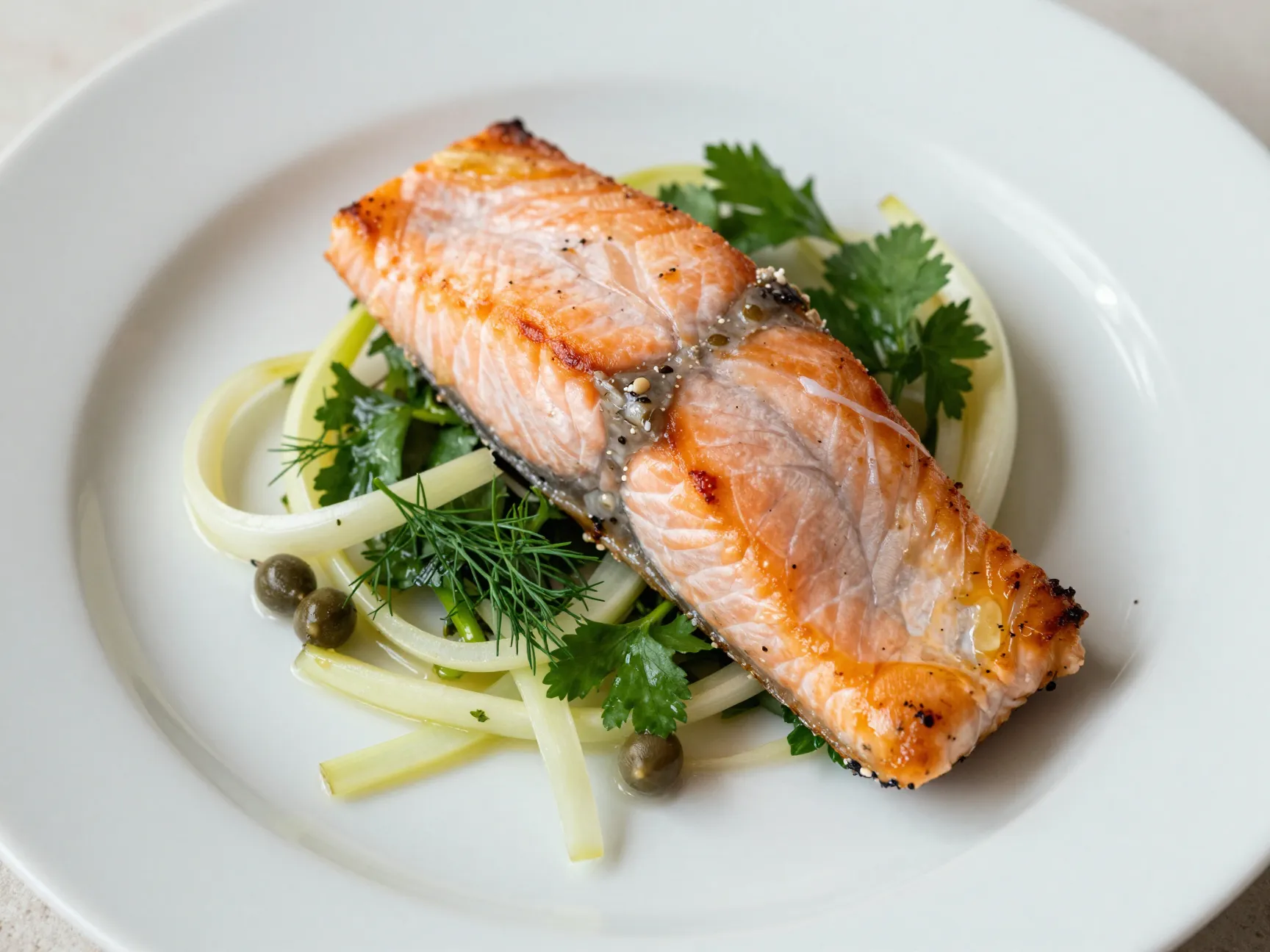 Slow roasted sockeye salmon on a fennel and herb salad