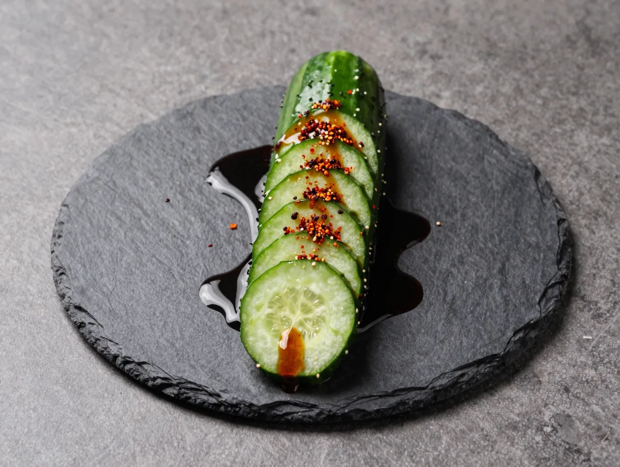 Accordion cut cucumbers with spicy sesame soy dressing