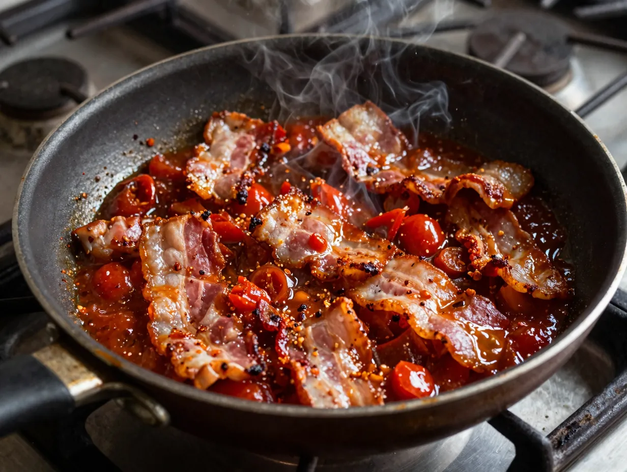 Smoky bacon and tomato spaghetti sauce in a pan