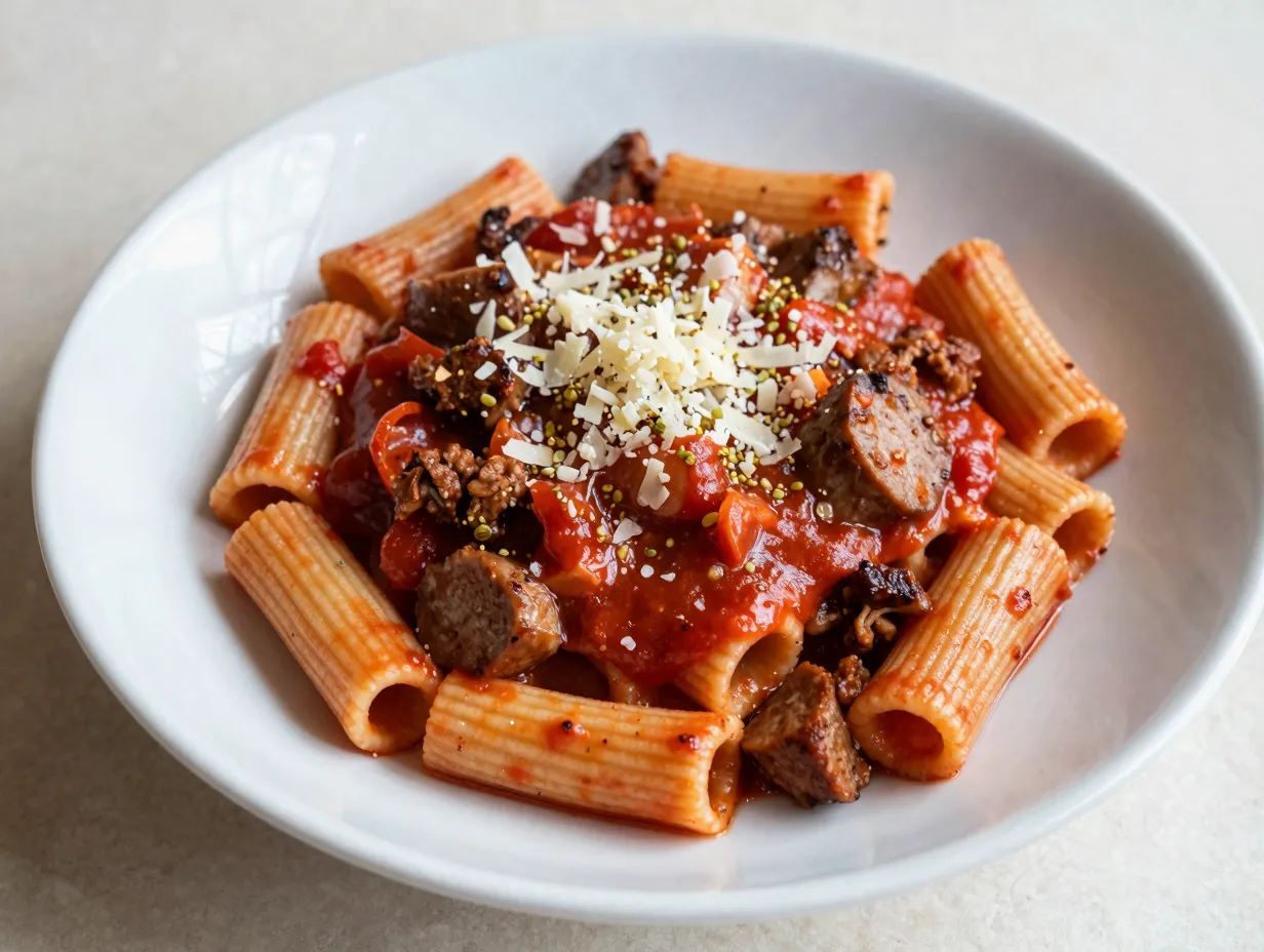 Meat forward italian sausage ragu tossed with rigatoni