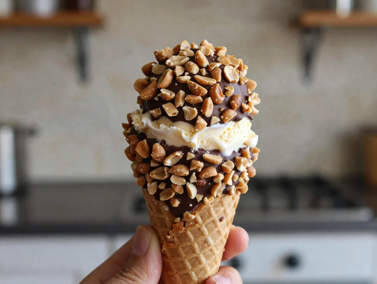 Homemade peanut coated chocolate dipped ice cream cones