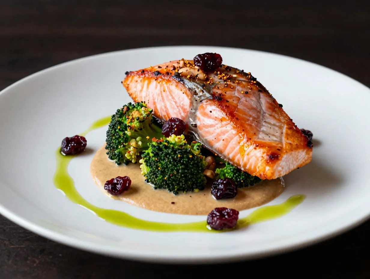 Sockeye salmon with spiced broccoli currants and pecan sauce