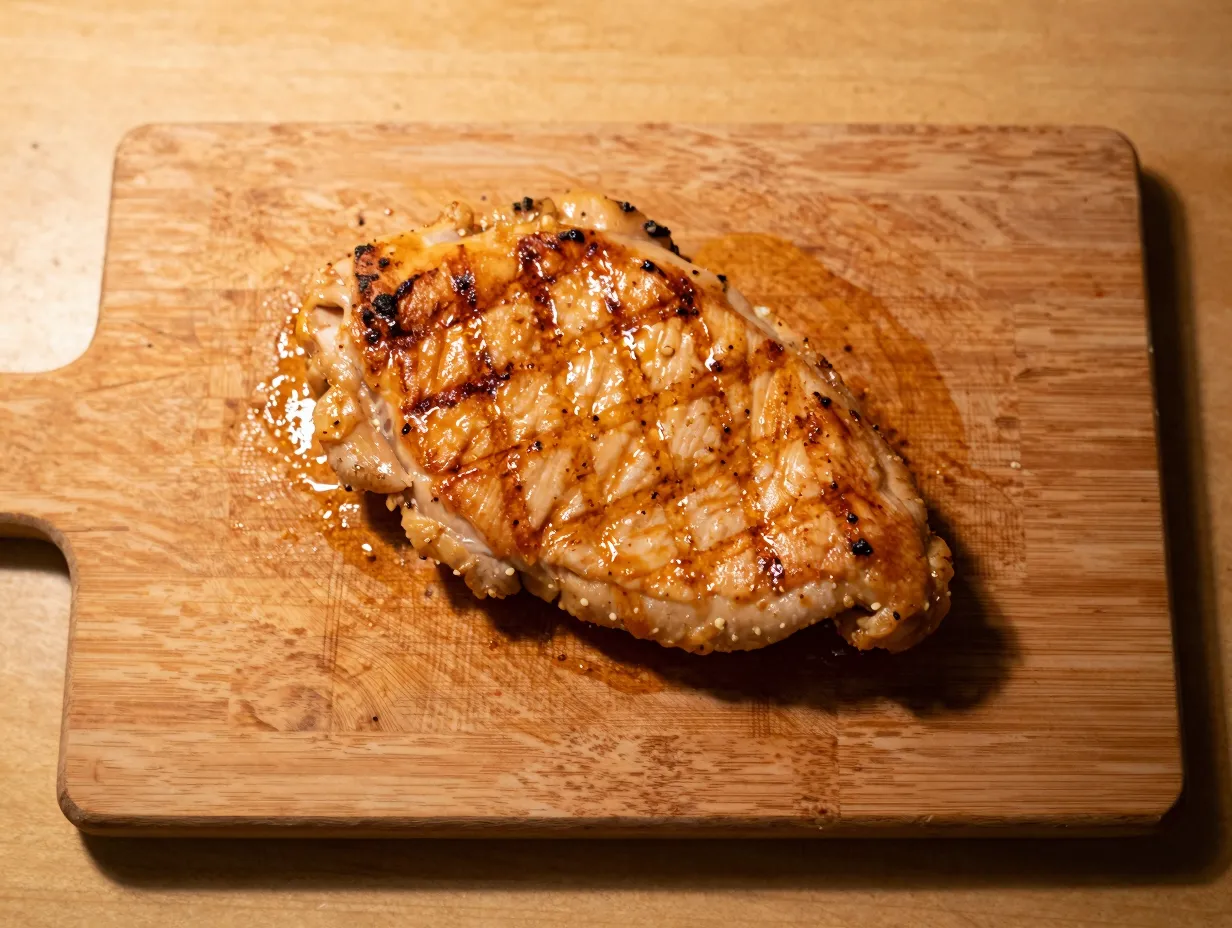A perfectly seared golden chicken cutlet rests on a wooden cutting board