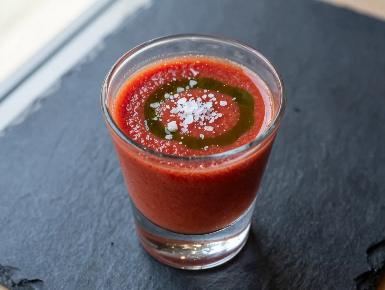 Chilled gazpacho shooter with basil oil
