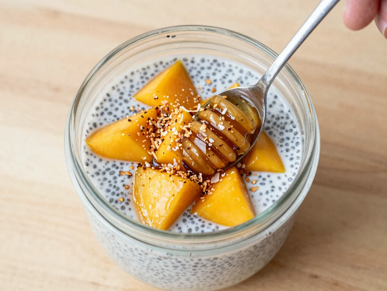 Overnight chia pudding with fresh mango and toasted coconut