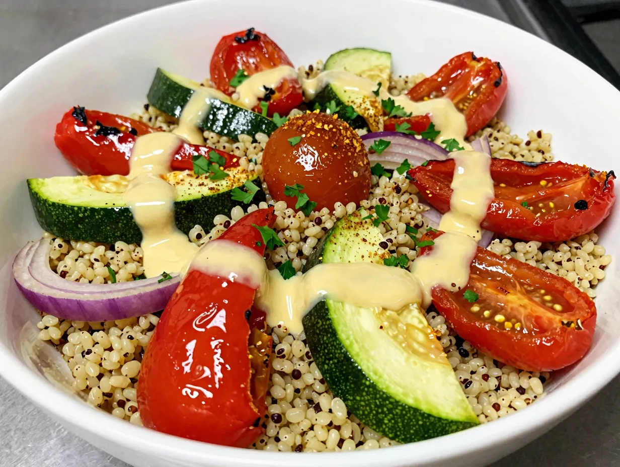 Quinoa and roasted vegetable salad with lemon tahini dressing