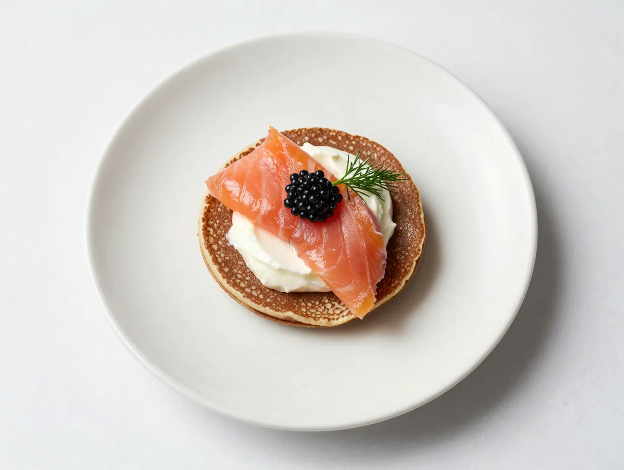 Smoked salmon blini with creme fraiche and caviar
