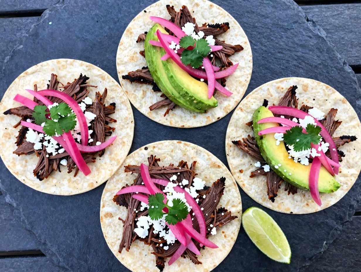 Corned beef tacos with pickled red onion