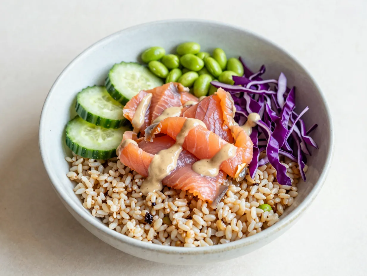 Smoked salmon grain bowl with cucumber edamame and miso dressing