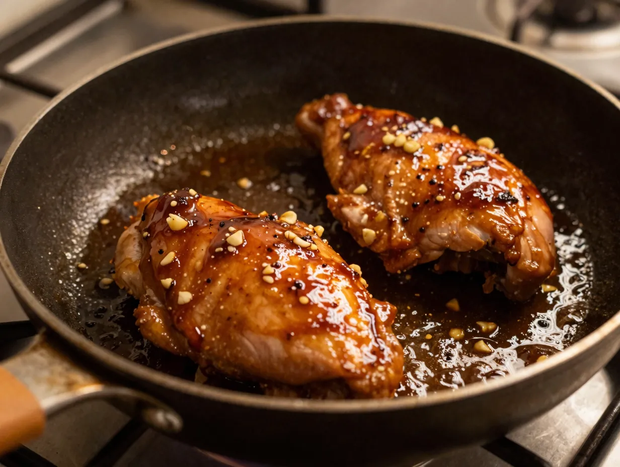 Honey garlic glazed chicken glistening in a dark skillet