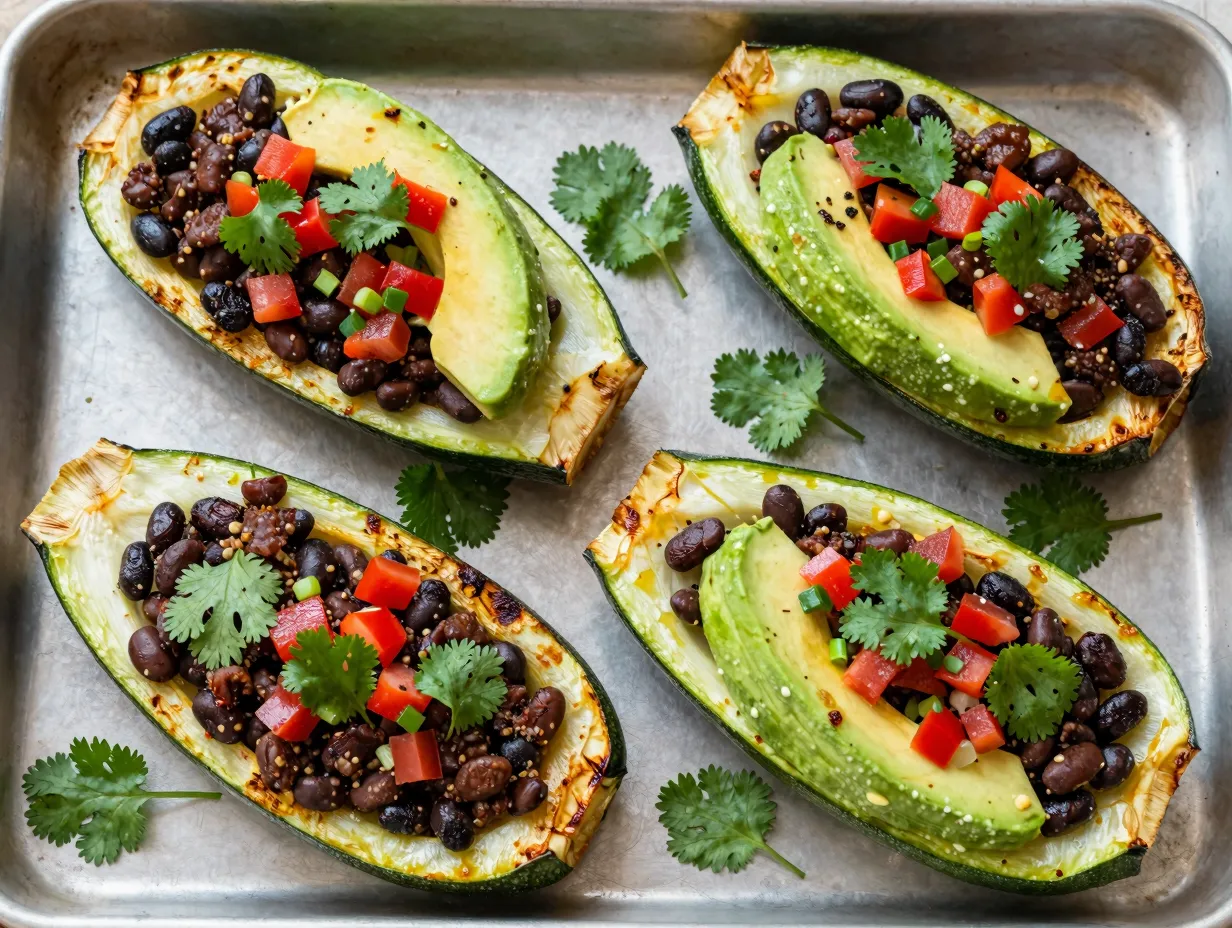 Zucchini boat tacos with spiced black beans