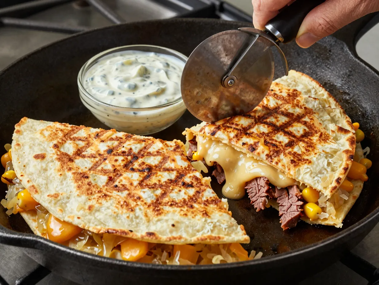 Corned beef and swiss quesadillas