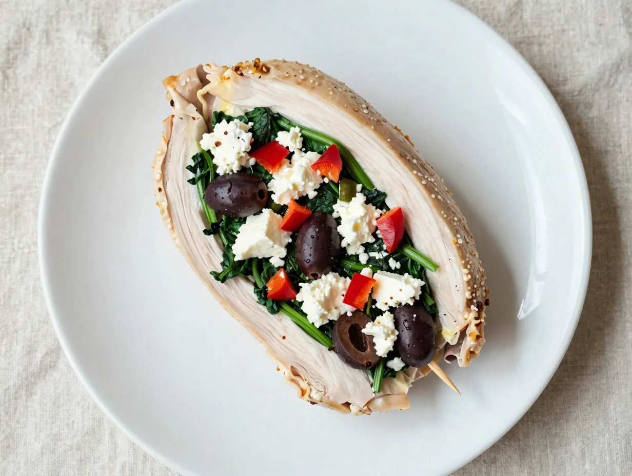 Mediterranean stuffed chicken breast sliced open on a plate