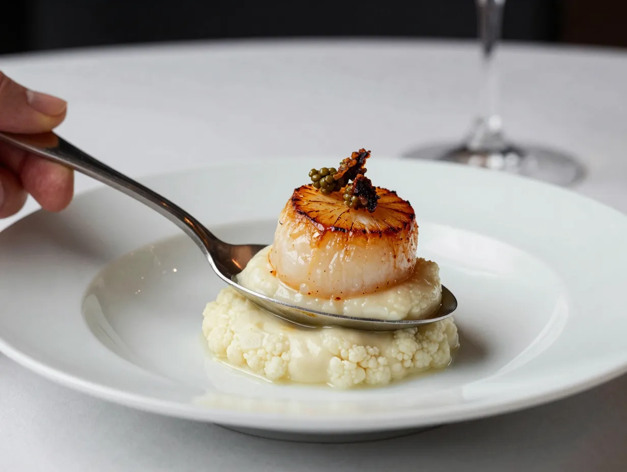 Seared scallop on cauliflower puree with crispy capers