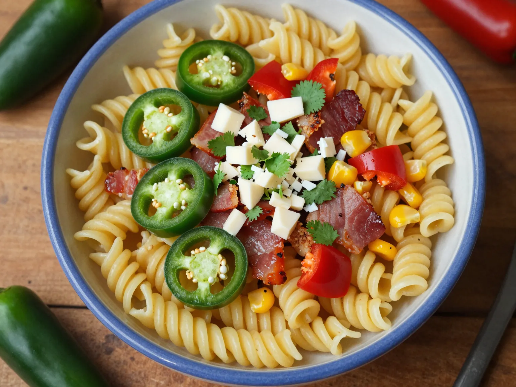 Spicy bacon ranch pasta salad with jalapenos