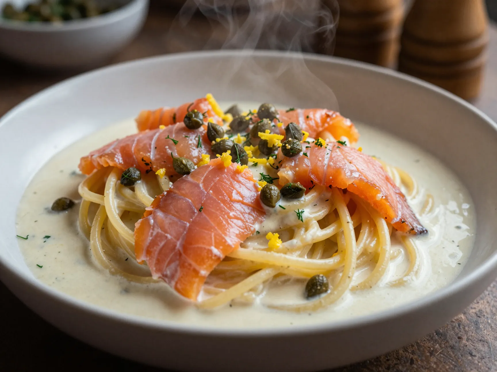 Smoked salmon pasta with capers lemon and creme fraiche