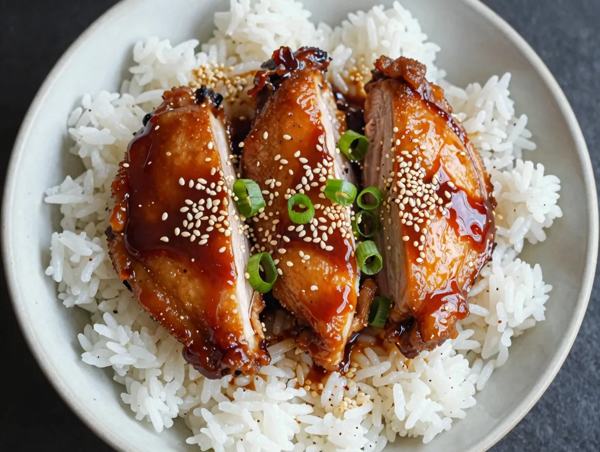 Teriyaki chicken glazed with sauce sesame seeds and scallions