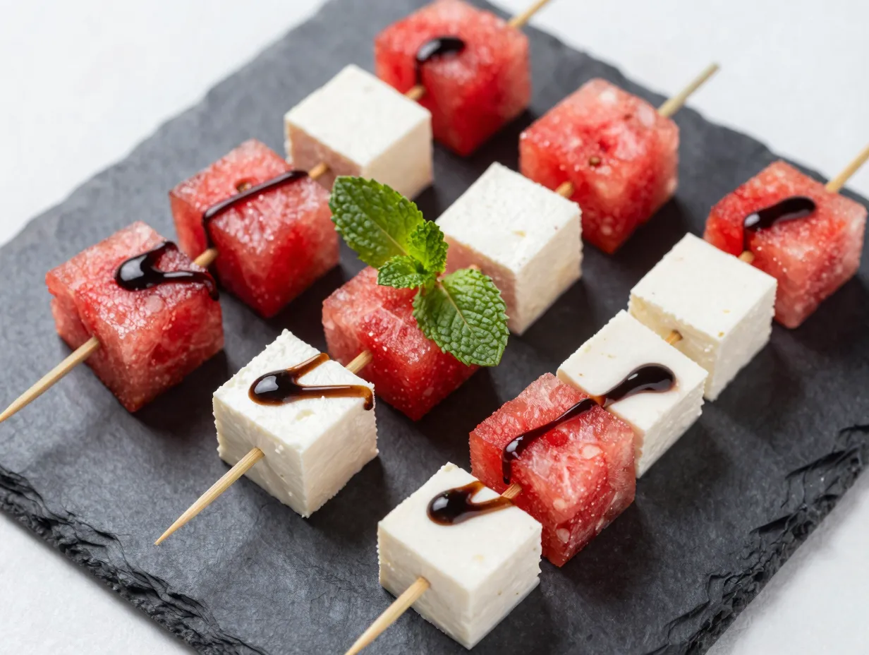Watermelon and feta skewer with balsamic glaze and mint