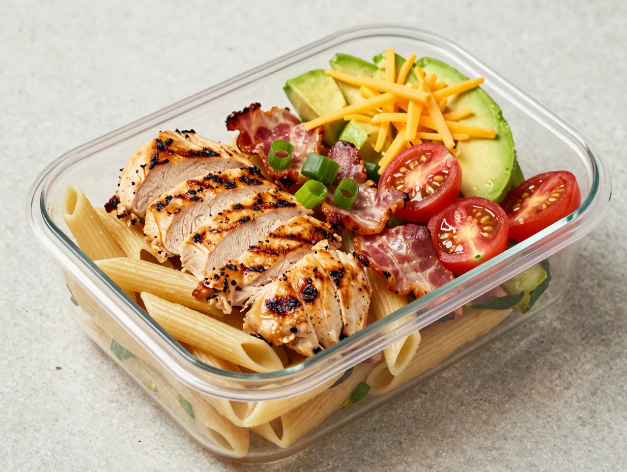 Grilled chicken and bacon ranch pasta salad