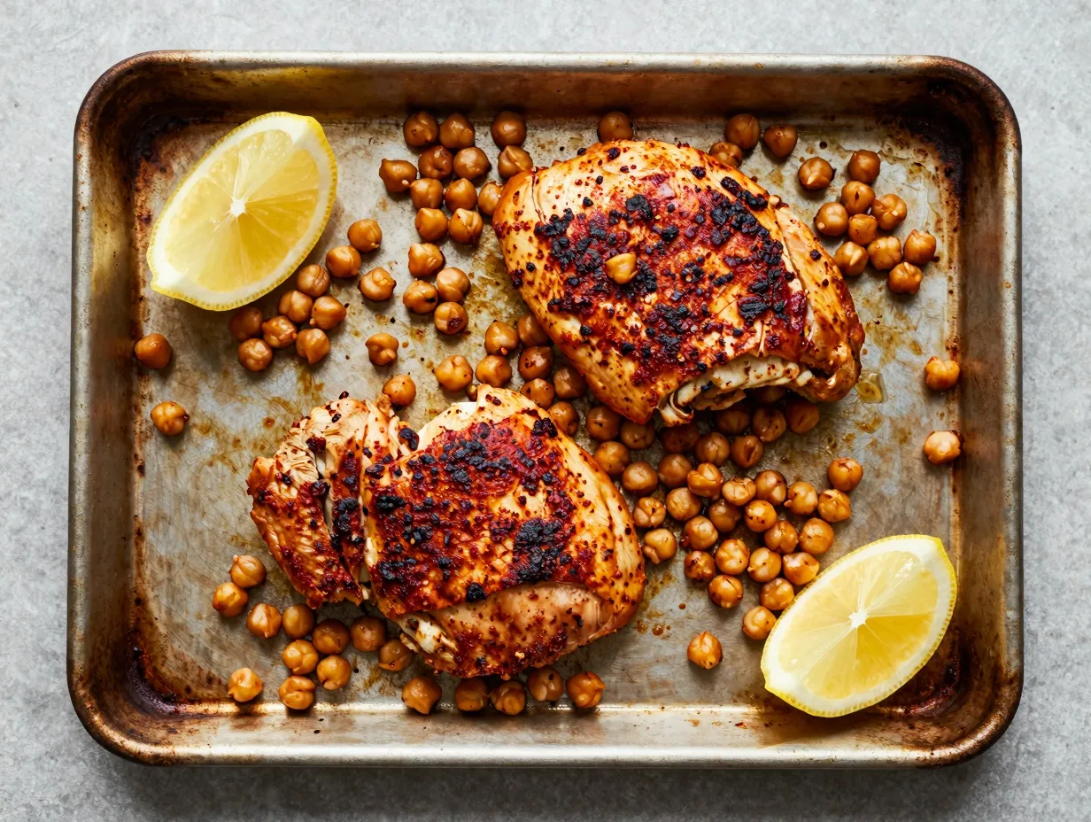 Harissa spiced chicken with roasted chickpeas on a sheet pan