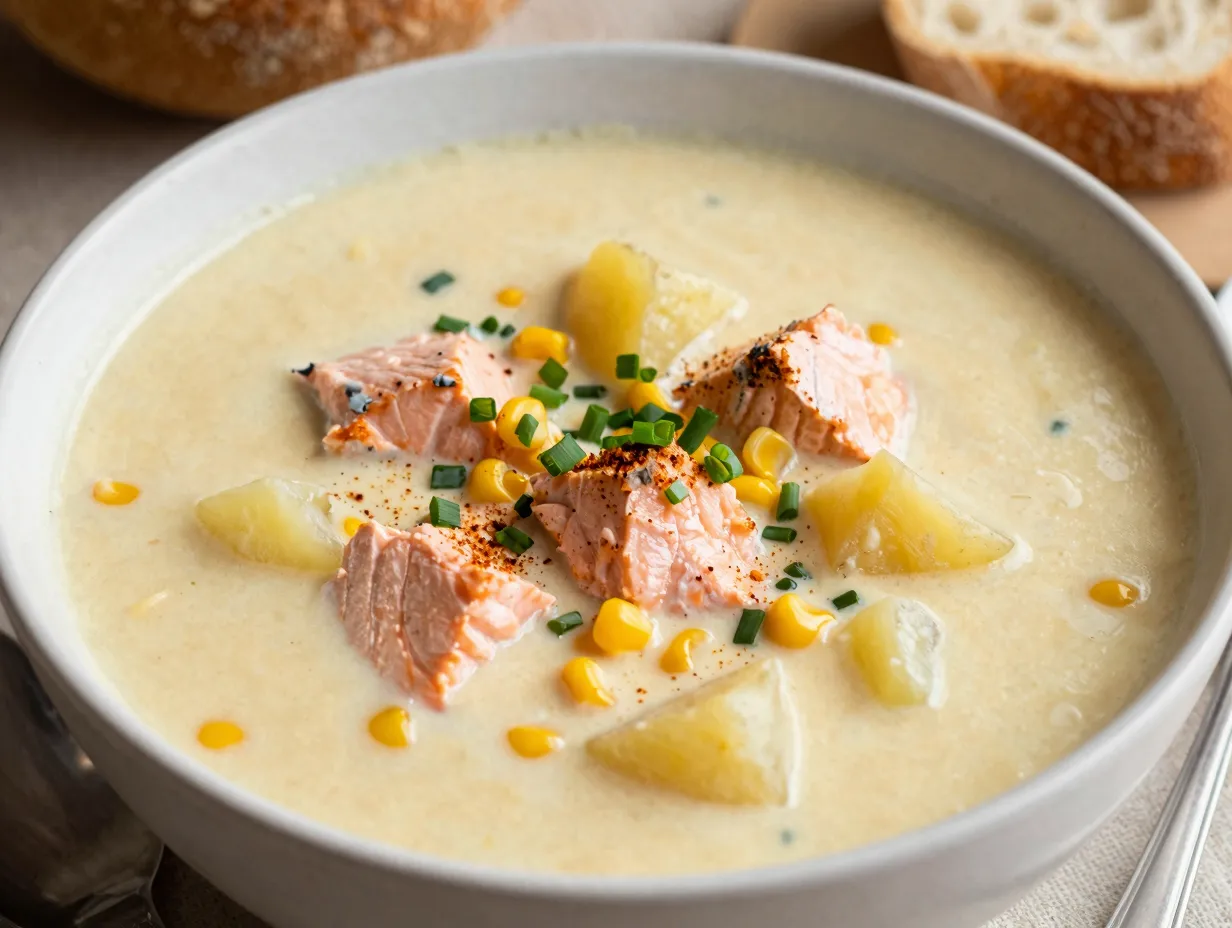 Smoked salmon chowder with corn and potatoes