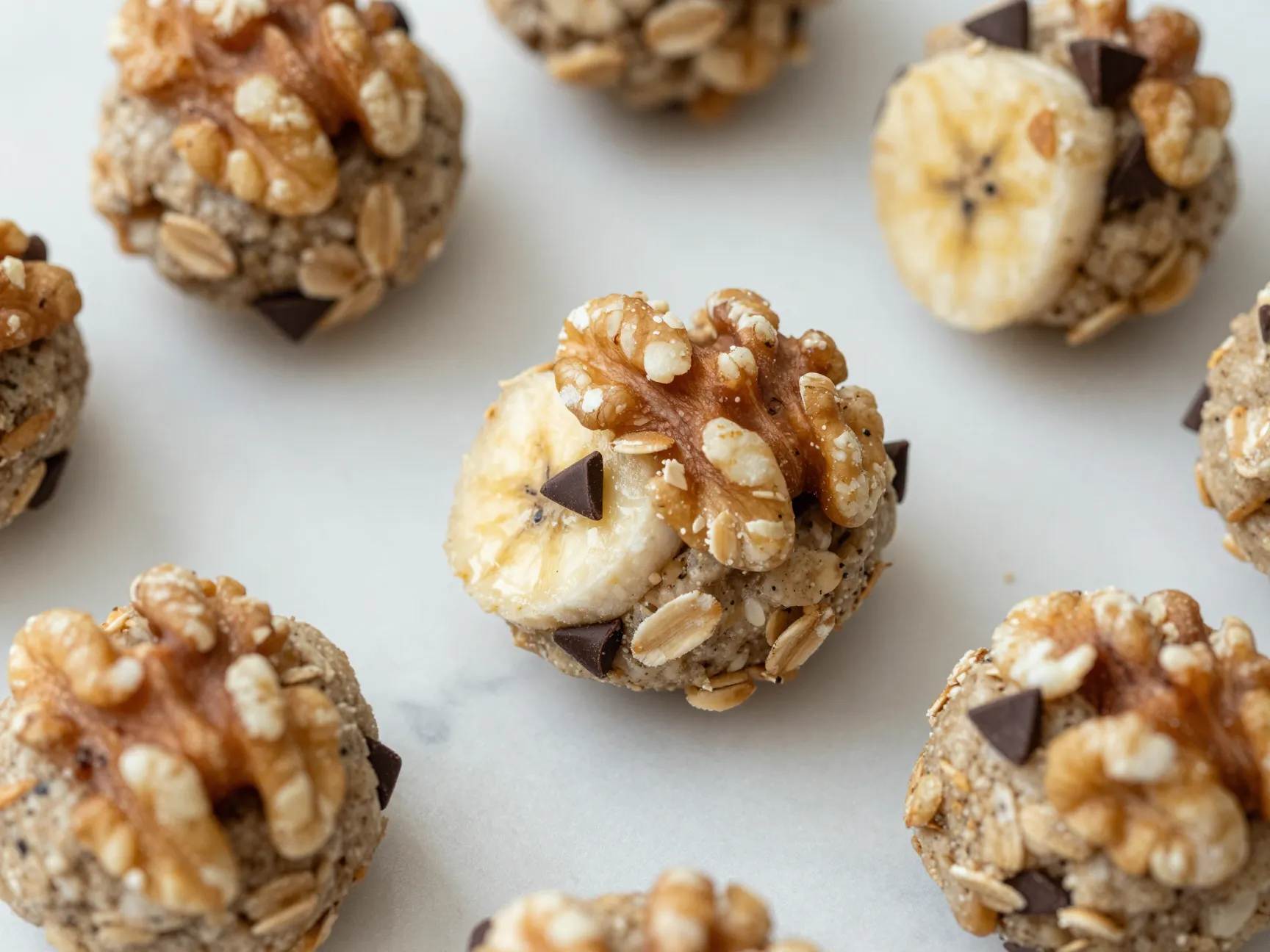Banana bread energy bites with dark chocolate and walnuts