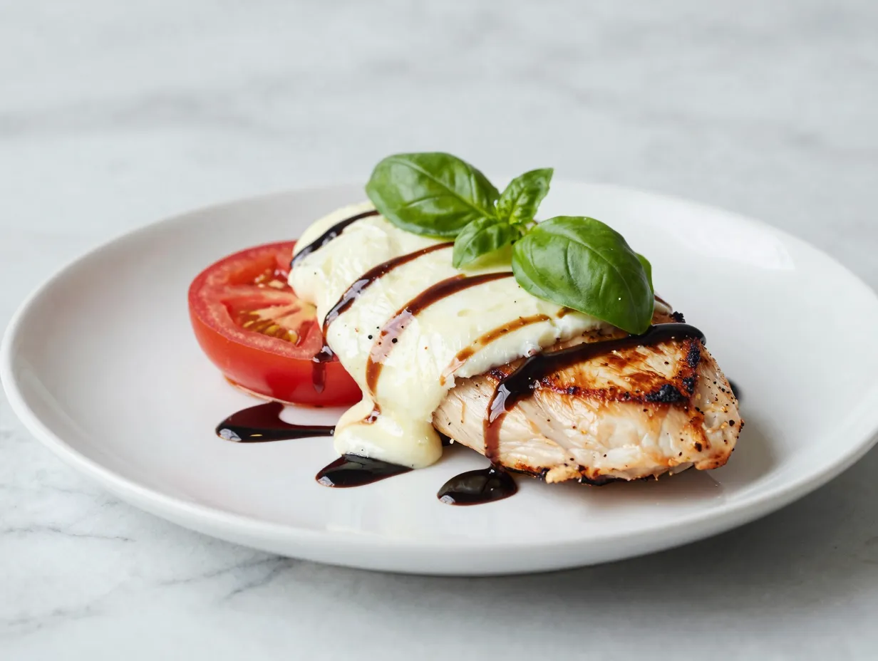 Caprese chicken with melted mozzarella and balsamic reduction