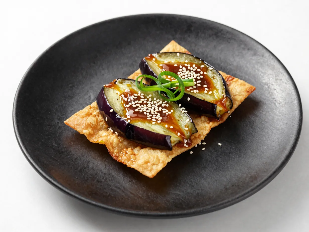 Miso glazed eggplant on crispy wonton with sesame and scallion
