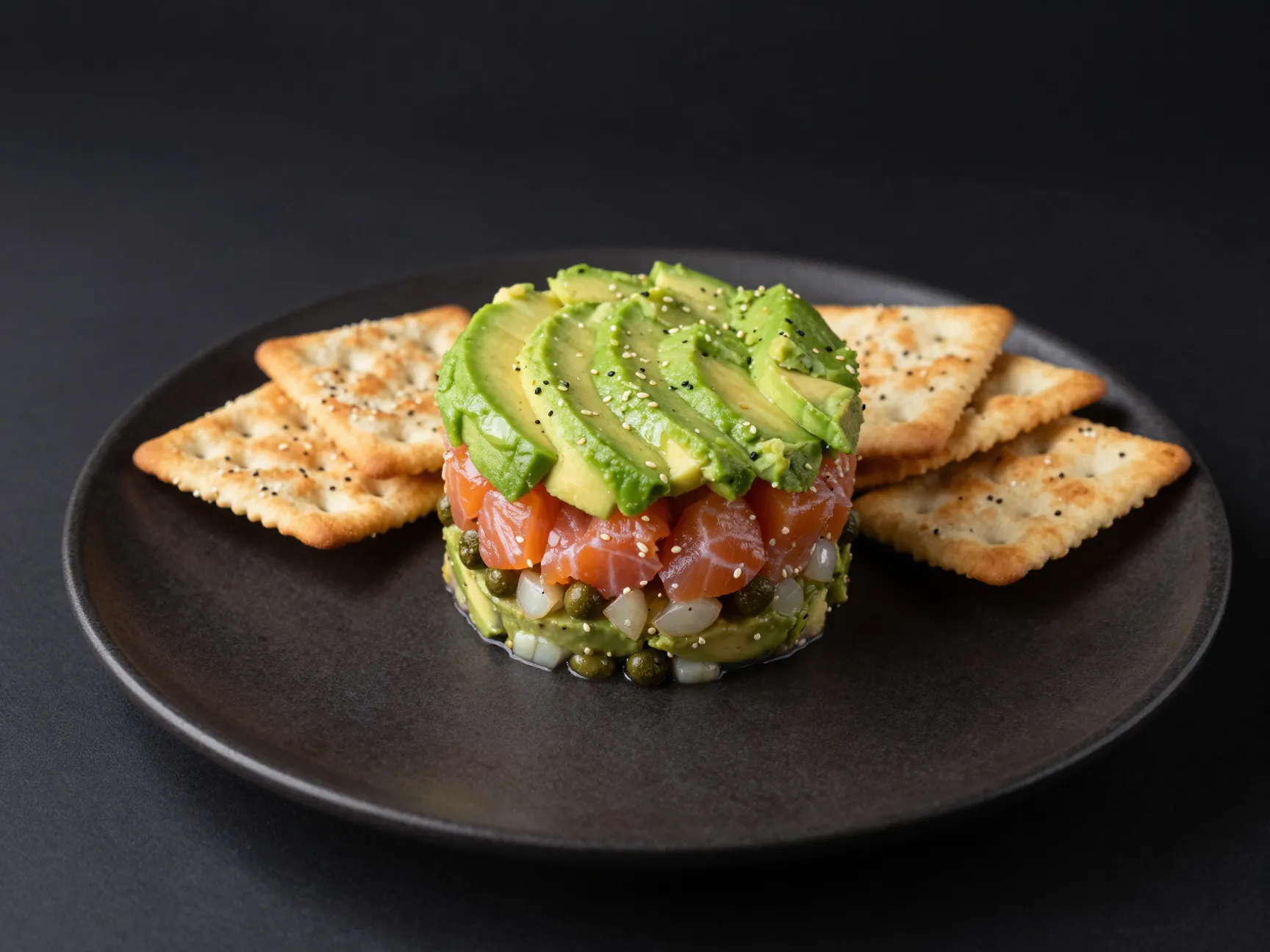 Smoked salmon tartare with avocado and sesake crackers