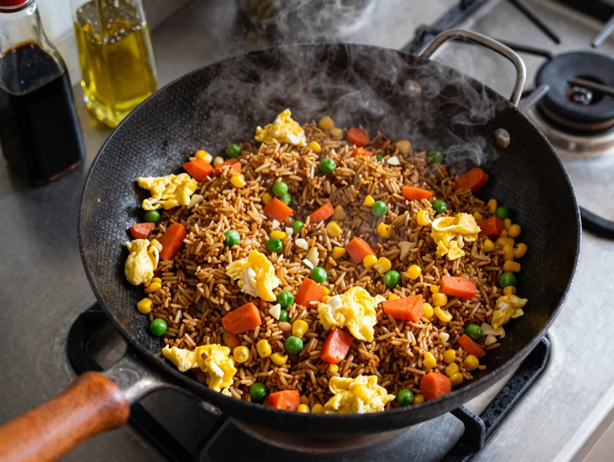 Hot wok with egg fried rice and vegetables sizzling