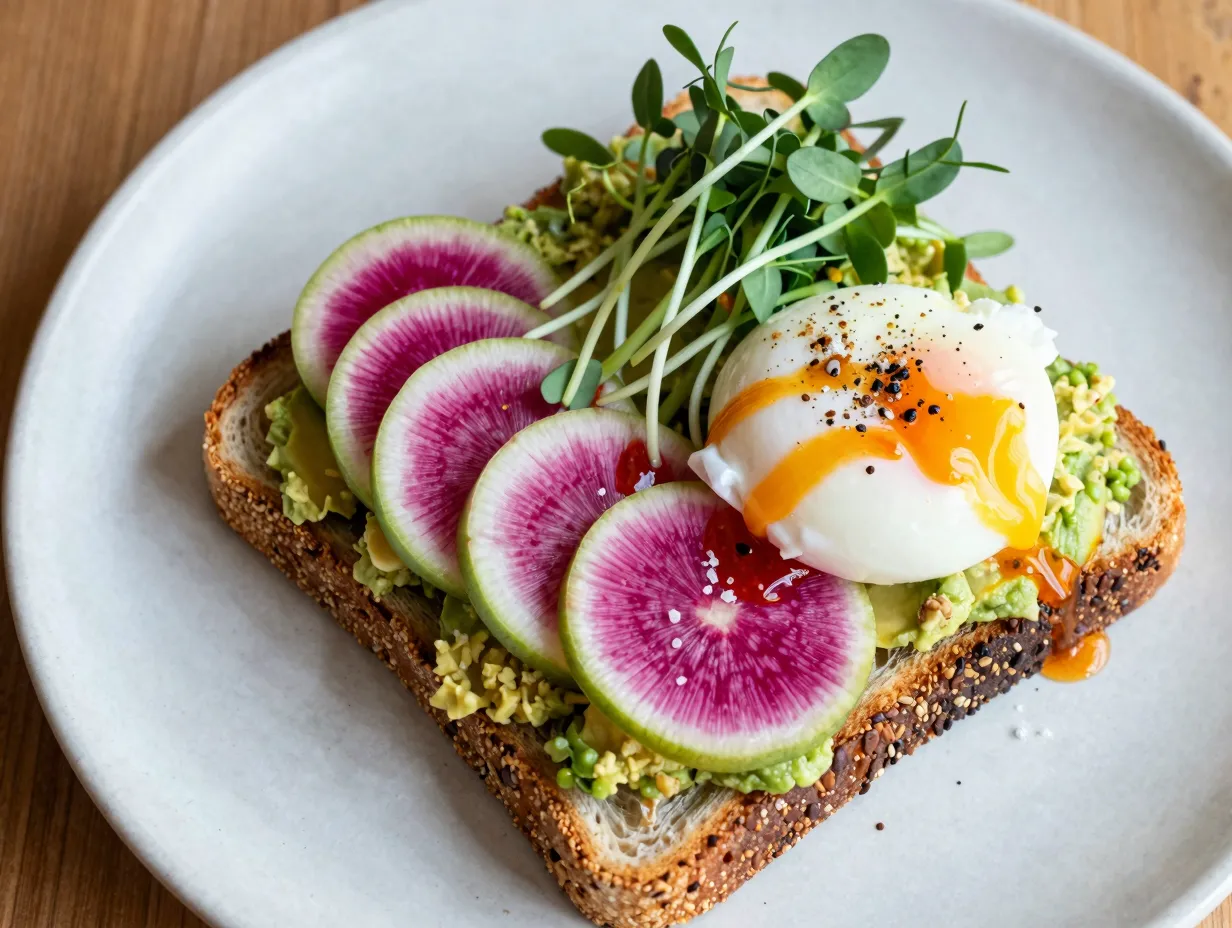 Poached egg microgreens and watermelon radish toast
