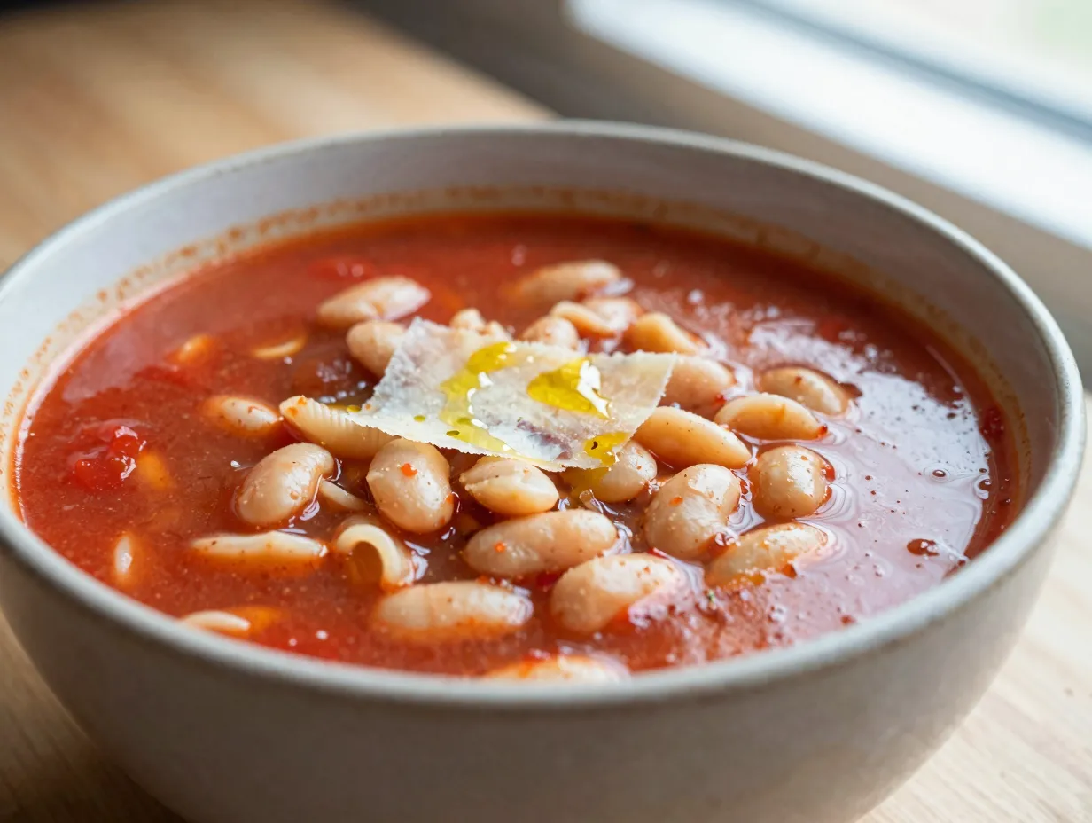 Rustic bowl of pasta and bean soup with parmesan