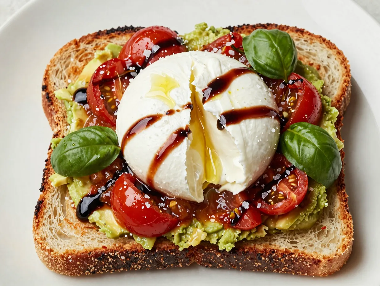 Caprese avocado toast with burrata and tomato confit