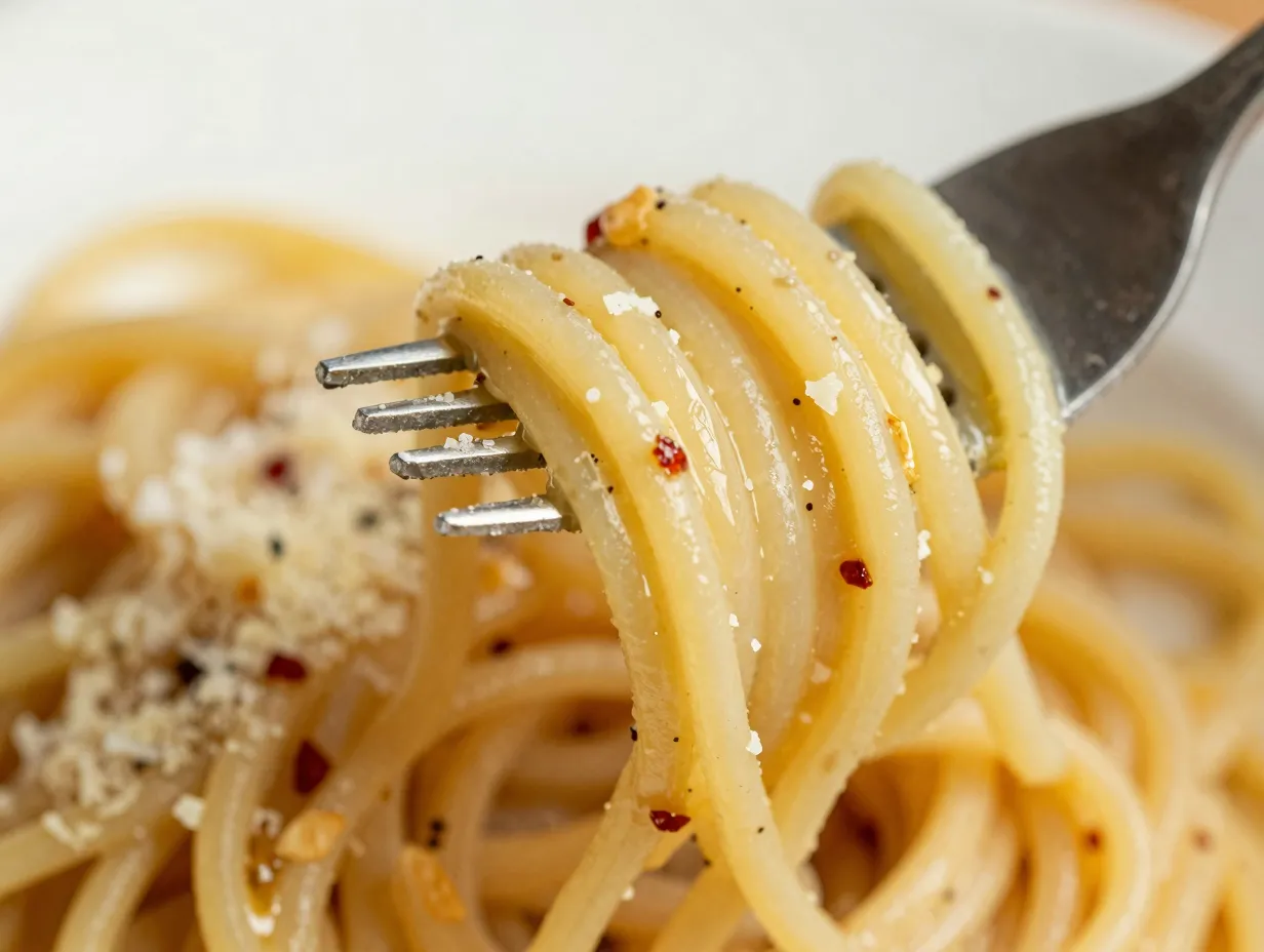 Glossy garlic butter pasta twirled on a fork