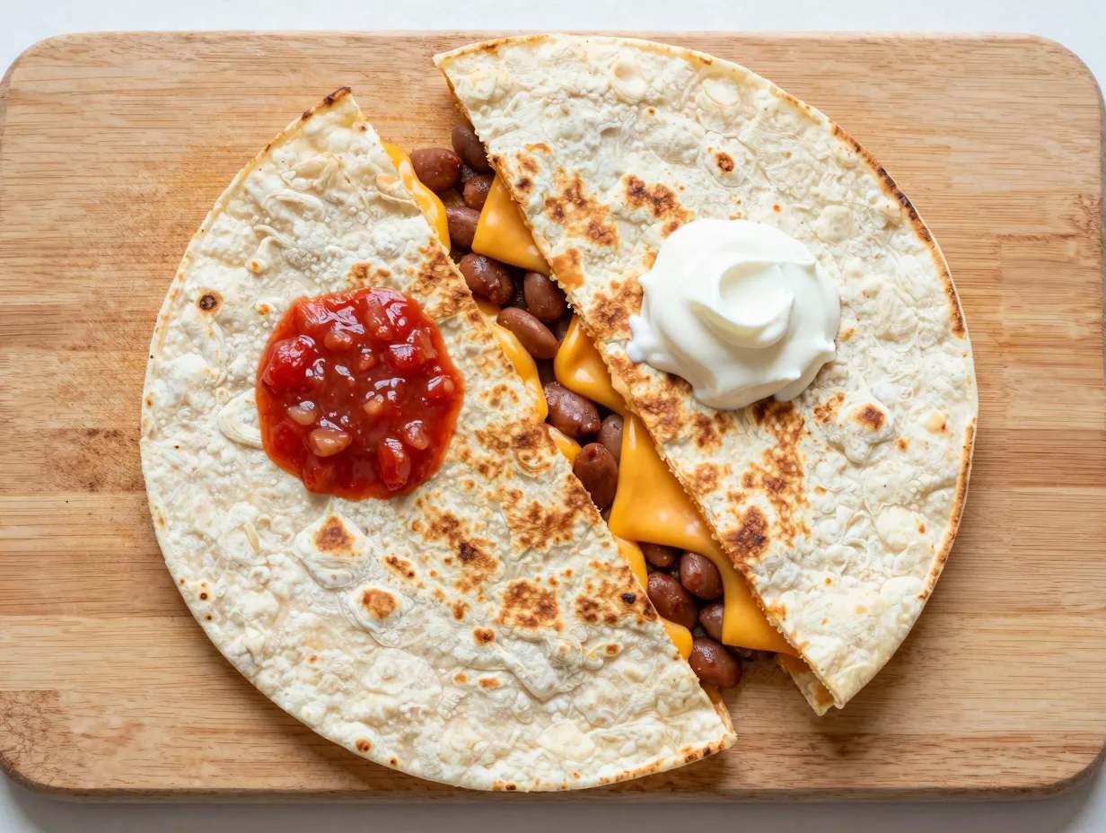 Crispy golden bean quesadilla cut into wedges