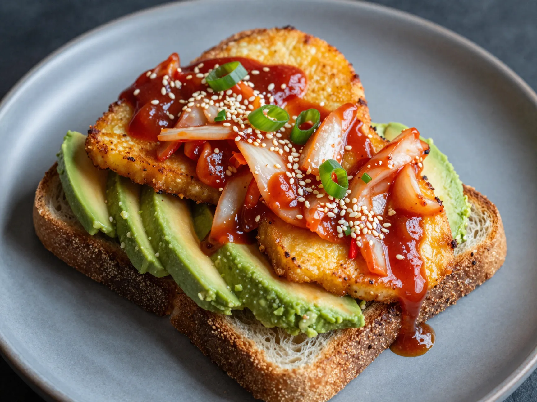 Kimchi tempeh avocado toast