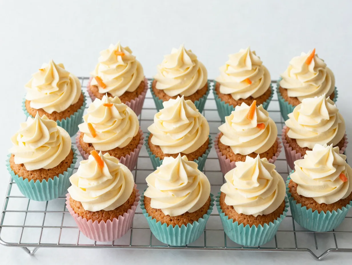 Carrot cake cupcakes with swirled cream cheese frosting