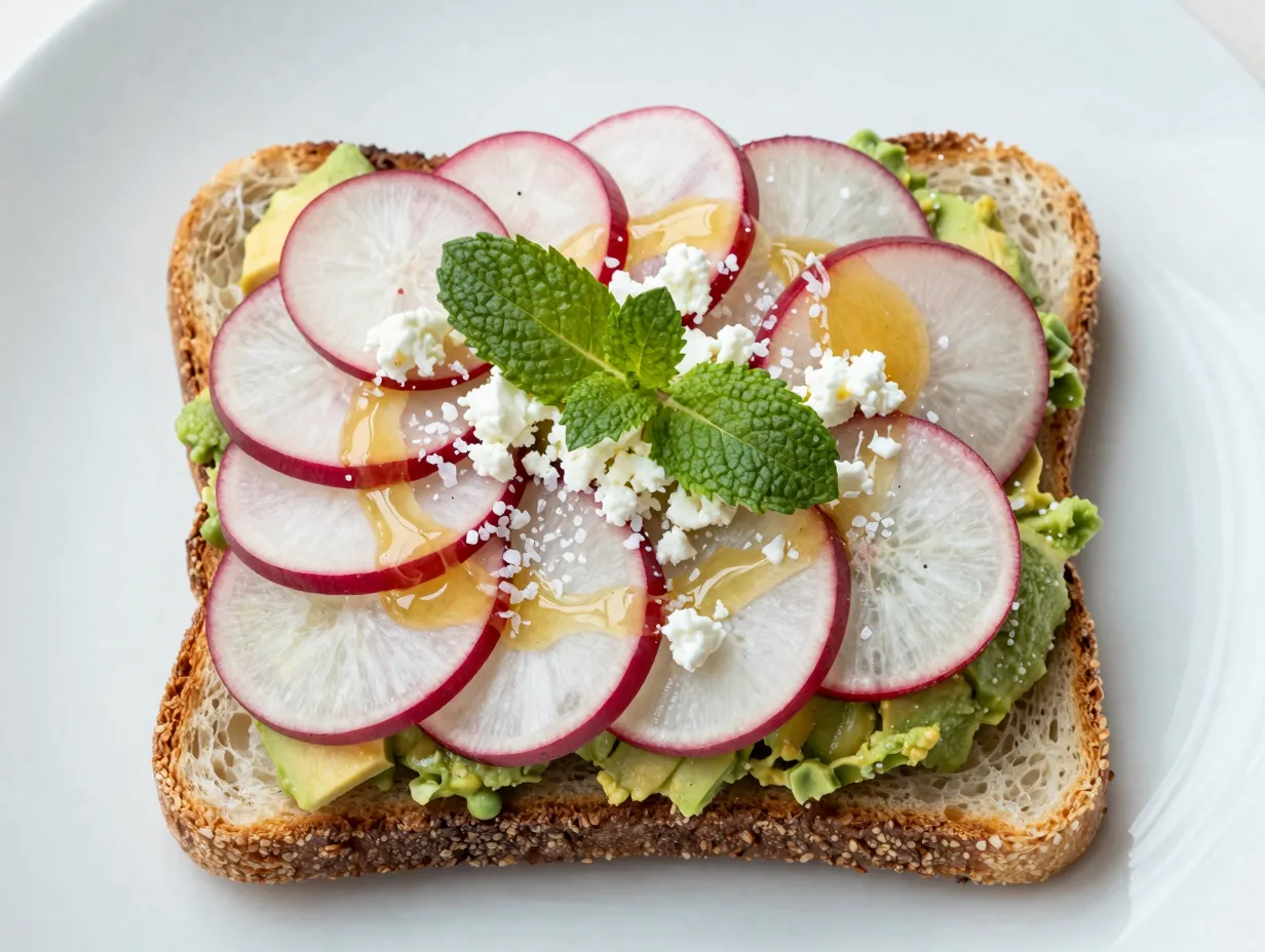 Radish and feta avocado toast with honey drizzle