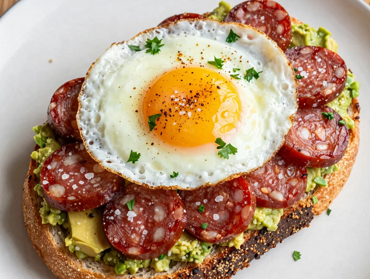 Chorizo fried egg and smoked paprika avocado toast