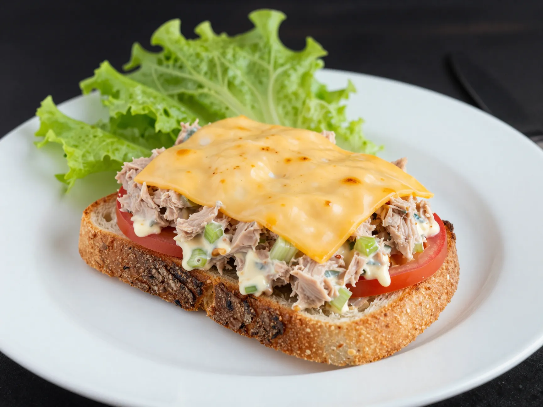 Open faced broiled tuna melt on sourdough bread