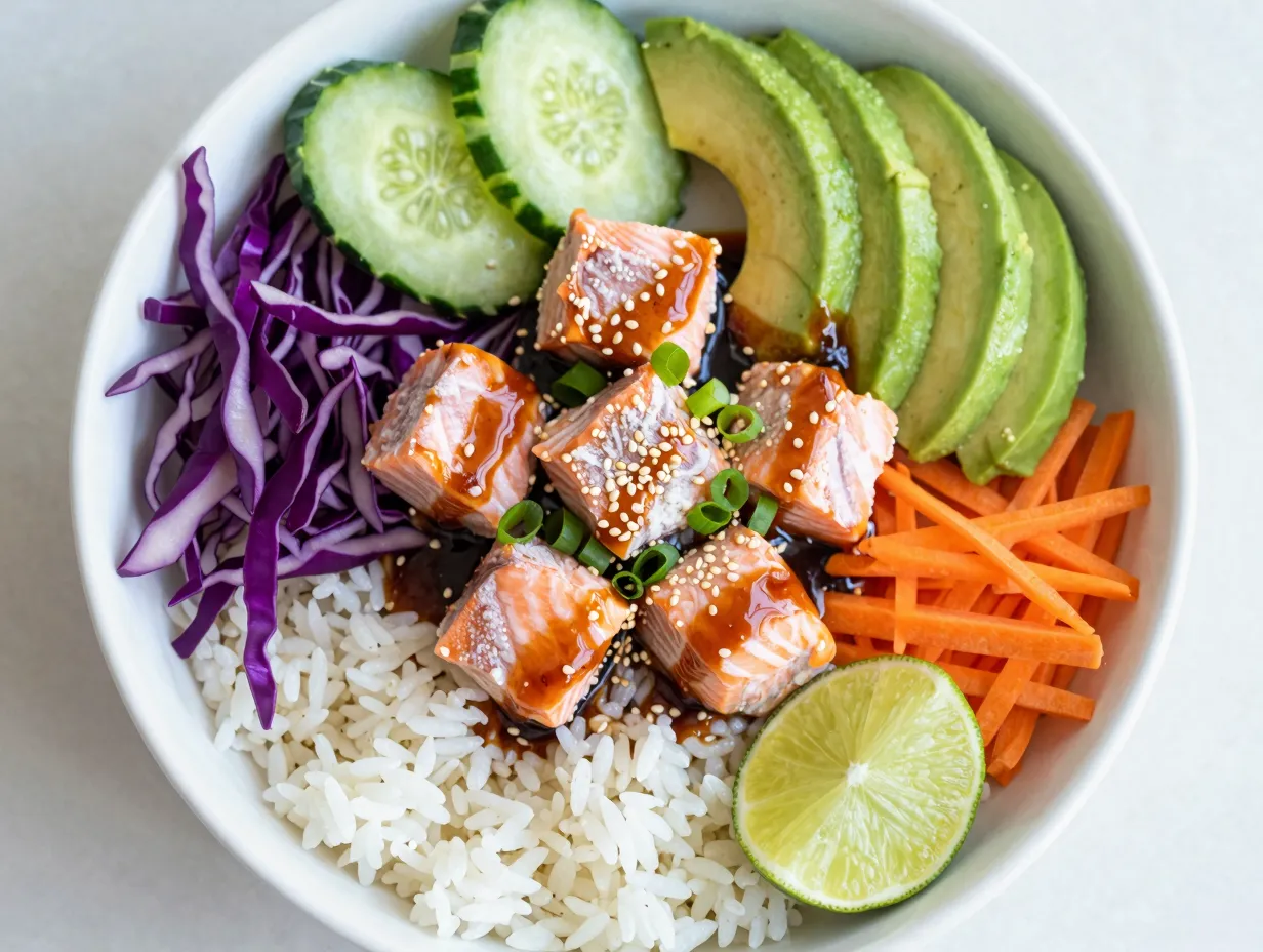 Bang bang salmon rice bowl bites