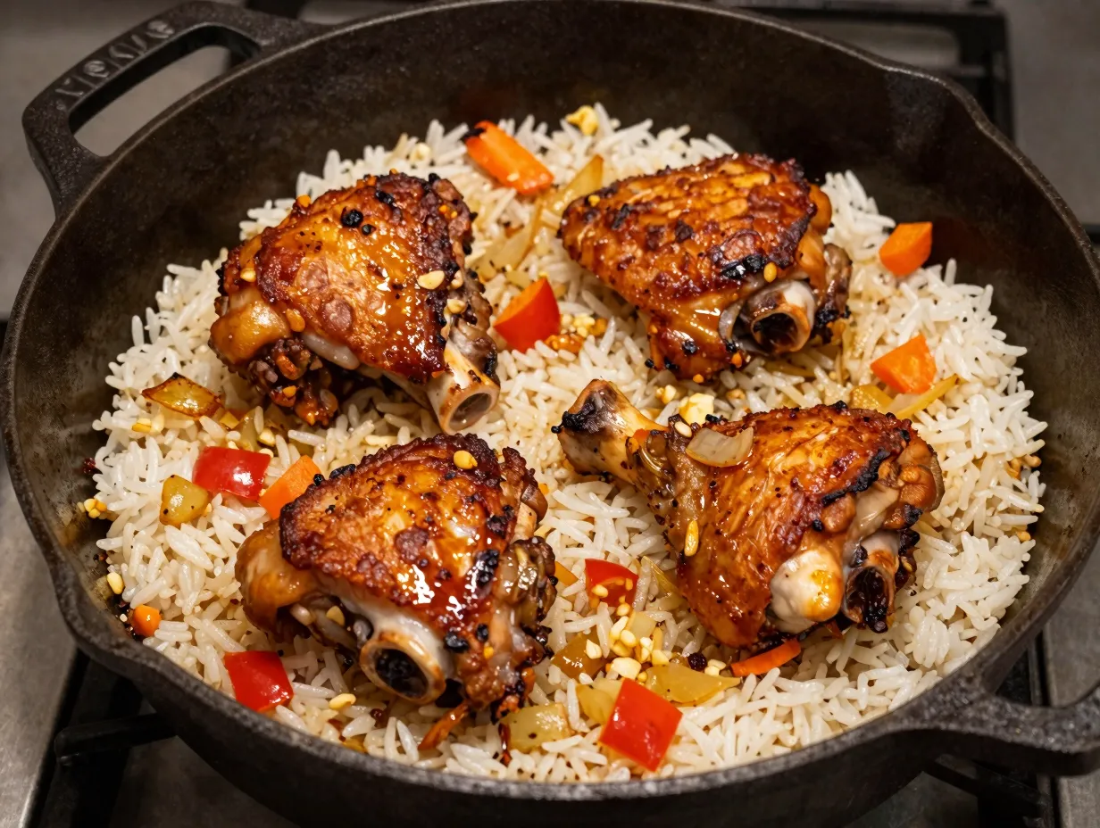 One pot meal with seared chicken thighs and rice