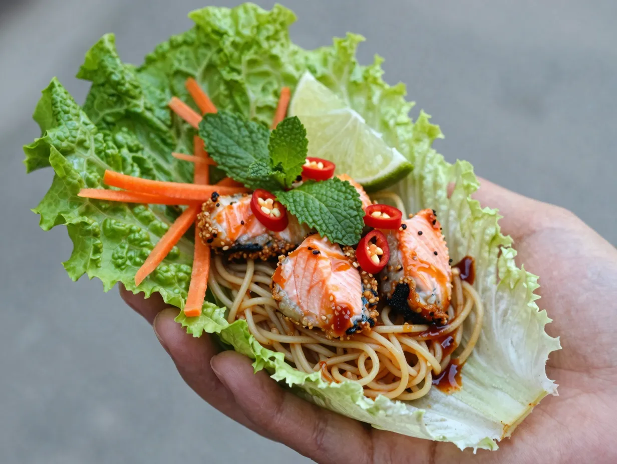 Bang bang salmon lettuce wrap bites
